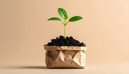 Sustainable gardening plant growing in paper wrap high resolution photo