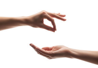 Two hands, one in the act of giving and the other receiving, expressing interaction and connection. A gesture of giving and receiving. Showing a gesture of offering