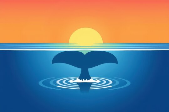 a simple flat 2d icon of a whale tail diving into ocean surface during sunset glow, no shadow