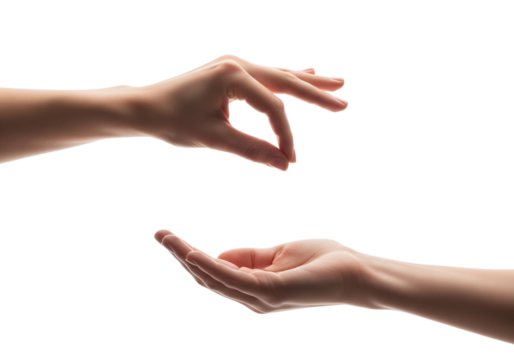 Two hands, one in the act of giving and the other receiving, expressing interaction and connection. A gesture of giving and receiving. Showing a gesture of offering