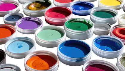 Fototapeta premium Overhead shot of many plastic containers filled with various shades of colorful, wet paint