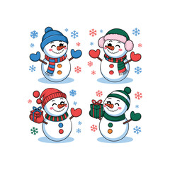 Cute Snowman Characters with Winter Hats, Scarves, and Christmas Gifts