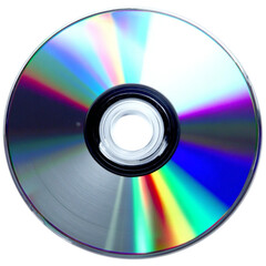 Close-up of a shiny compact disc showing iridescent rainbow colors and a central hole