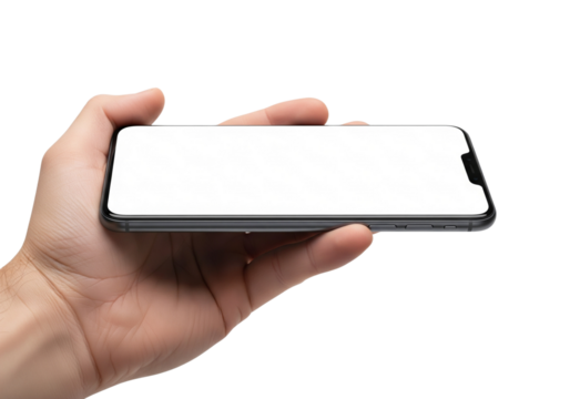 A hand gently holding a modern smartphone, showcasing a blank screen