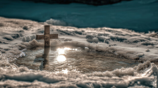 Celebrating epiphany day in orthodox christianity with a cross surrounded by snow and water reflections during winter
