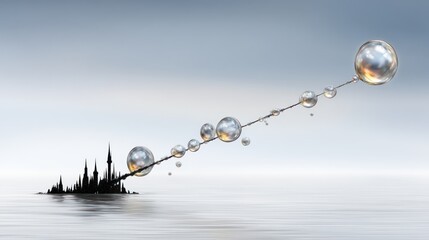 Abstract representation of water droplets forming a path from a city skyline.