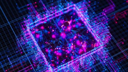 Artificial intelligence central processing unit animation. Quantum computing core with data flows and logic operations. Futuristic technology processor. - Powered by Adobe