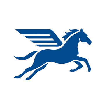 Dynamic blue winged horse vector illustration, mythical creature with wings in a powerful leaping pose, ancient animal symbol.