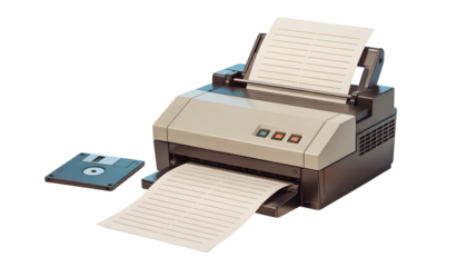 Vintage printer and floppy disk evoking nostalgia, perfect for retro tech themes, office history, or 90s technology flashbacks in digital design projects.