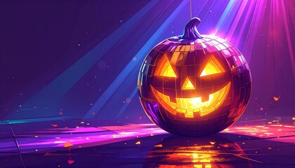 Glowing halloween pumpkin festive illumination stage lights dark background