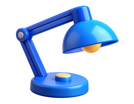 Stylized 3D icon of a modern blue desk lamp with adjustable arm and soft glow. Perfect for education, transparent background.