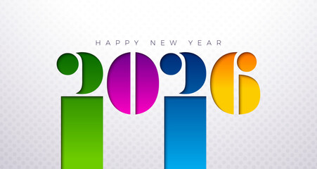 Happy New Year 2026 Logo Design with Cutting Colorful Number on White Background. Christmas Holiday Greeting Card Illustration with Typography Lettering for Calendar, Flyer, Banner, Celebration Poster