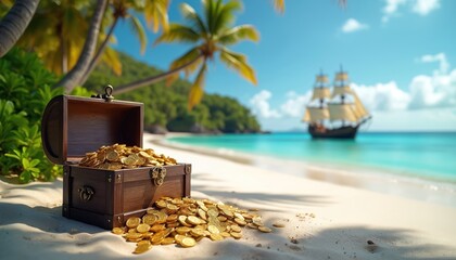 Open treasure chest spills gold coins on tropical island beach. Old sailing ship floats on blue ocean near palm trees. Sunny day, clear sky, sandy shore. Adventure awaits.