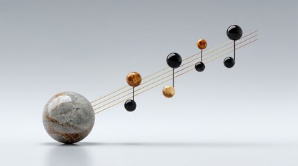 Musical notes and sphere composition on a light background.