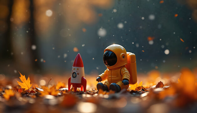 Toy astronaut and rocket sit among autumn leaves. Miniature figure represents space travel exploration future. Imagery evokes curiosity about space and science for kids.