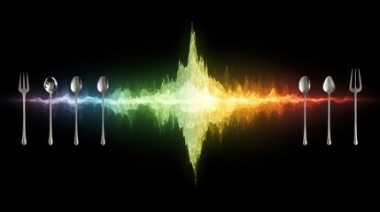 Vibrant Soundwave with Silverware on Black Background.