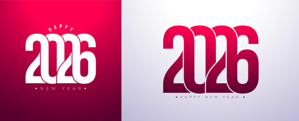 Happy New Year 2026 Logo Typography Design with Abstract Number on White and Red Background. Christmas Holiday Greeting Card Illustration with Typography Lettering for Calendar, Flyer, Banner