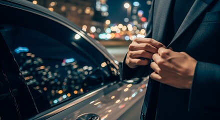 A suited man fastens his jacket near a luxury car at night.