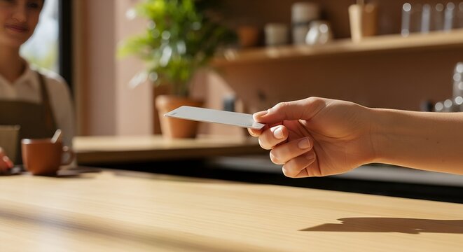 A hand offers a card across a wooden counter to a barista in a cafe setting.