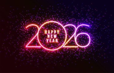 Happy New Year 2026 Greeting Card Design with Glowing Neon Light Typography Lettering on Dark Sparkle Background. Vector Christmas Holiday Season Illustration for Calendar, Celebration Poster, Party