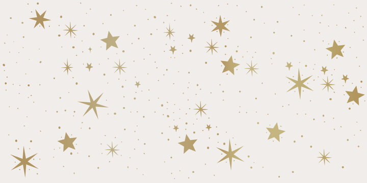Seamless golden vector pattern of stars on a beige background. Decorative celestial texture. Concept of space, astrology, and astronomy. Design for wallpaper, textiles, posters, banners, greeting