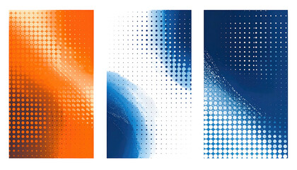 Three abstract digital art panels with halftone dots and blurred color gradients