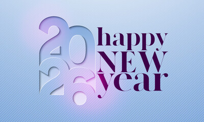 Happy New Year 2026 Greeting Card Design with Cut Out Number on Light Blue Background. Christmas Holiday Celebration Illustration with Logo Typography for Calendar, Flyer, Banner, Poster, Party