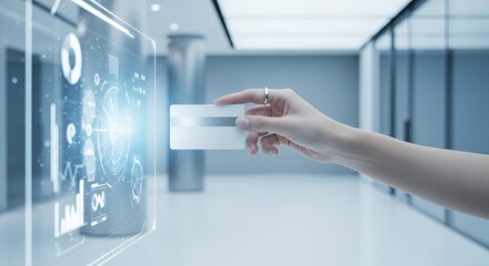 A hand interacts with a transparent digital interface displaying data and graphics in a modern, bright environment.