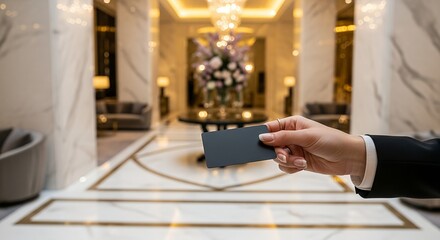 Hand holding a dark card in a luxurious hotel lobby with marble floors and ornate decor.