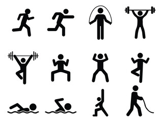 A collection of black silhouette icons showing various fitness and gym exercises including running, jumping, lifting, swimming, and yoga poses.