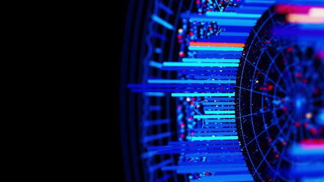 Big Data complex round graph animation. Quantum computing universe. Cyber space of AI technology. Futuristic graph. Digital information presentation.