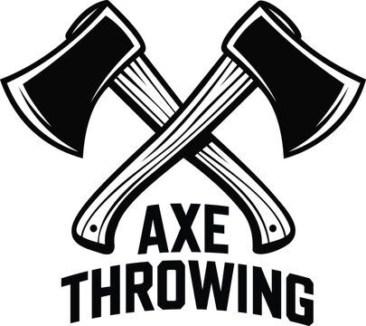 Black and white vector illustration of two crossed axes with the words &ldquo;Axe Throwing&rdquo; below. Bold, vintage-style emblem or logo design for axe throwing clubs, lumberjack events, outdoor sports, or adv