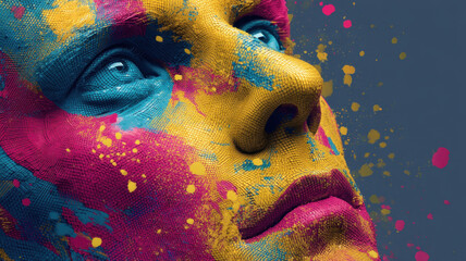 Vibrant digital art piece showcasing human face adorned with colorful paint splashes, emphasizing creativity and artistic expression