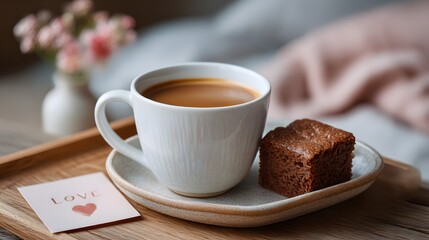 Cup of coffee brownie breakfast cozy home morning  love concept, wooden tray, warm atmosphere.