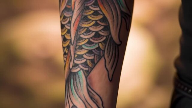 Colorful koi fish tattoo on forearm with intricate details
