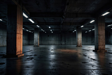 Empty grunge concrete parking garage with columns, lamps