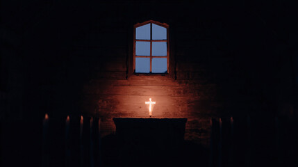As dusk settles in, the radiant illumination of the cross inside an Orthodox church becomes a striking focal point, casting a warm and serene glow throughout the sacred space