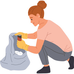 Woman Wearing Yellow Gloves Crouching Down Picking Up Trash into a Bag in a Clean Environment Focusing on Recycling and Sustainability Efforts
