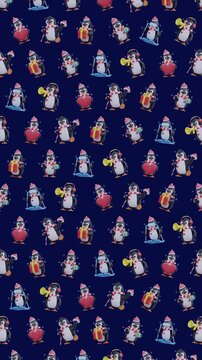 4K 3D Seamless Christmas Penguin Pattern Animation Cute Holiday Background Loop