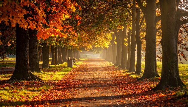 Autumnal pathway lined with trees, showcasing vibrant foliage in shades of orange and red, with sunlight illuminating the scene