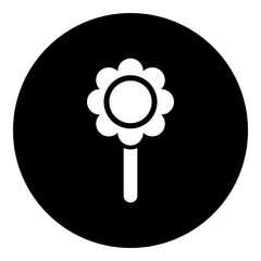 A chamomile symbol in the center. Isolated white symbol in black circle. Illustration on transparent background