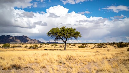 Fototapeta premium Solitary tree stands tall in a vast, golden grassland under a dramatic sky.