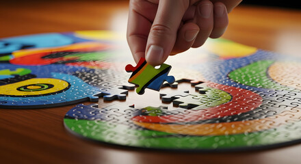Obraz premium Hand placing the final piece of a colorful abstract jigsaw puzzle