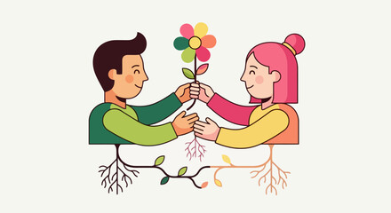 Illustrated representation of connection and growth depicting a man and woman sharing a flower, suitable for conveying themes of partnership, support, and mutual development