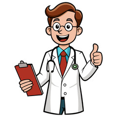 Friendly Cartoon Doctor Holding Clipboard and Giving Thumbs Up Vector Illustration