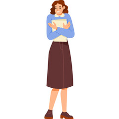 Woman Wearing Blue Long Sleeve Shirt And Brown Skirt Holding Book Embracing Herself With Worried Expression Full Body Isolated On White Background