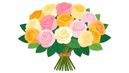 Fototapeta premium Bouquet of pink, yellow, and white roses tied with a bow, against a white background