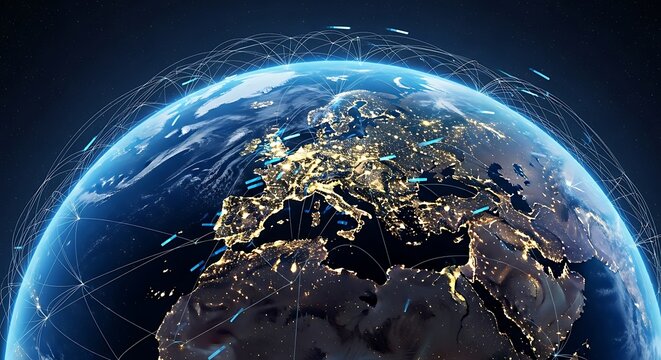 A luminous, detailed depiction of the Earth at night. Illuminated city lights are visible. Light trails encircle the planet