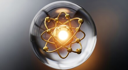 A luminous, golden atom model is encased within a clear sphere against a gradient dark background, creating a futuristic look