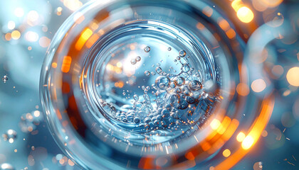 Captivating Vortex: An abstract close-up shot of a mesmerizing vortex of clear water, adorned with bubbles and glowing orange light, swirling with captivating beauty.